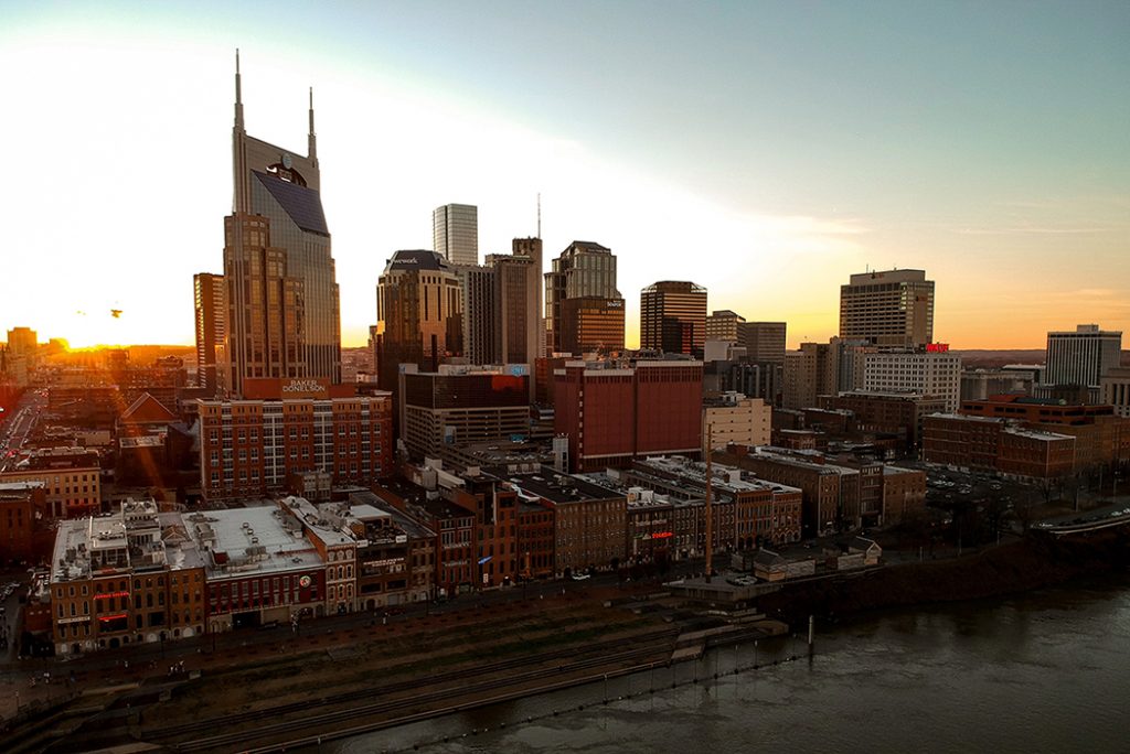 Photo of downtown Nashville at sunset.