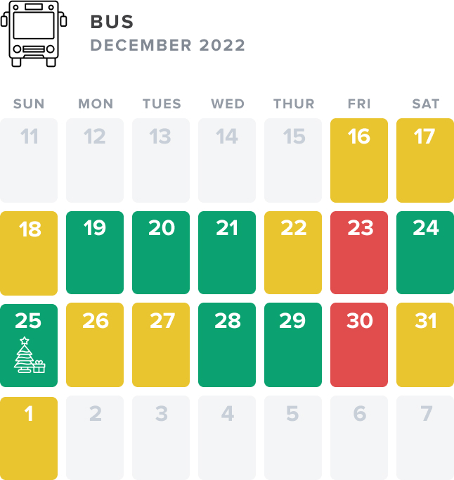 Calendar view of December 2022, with colors indicating the cheapest days to travel by bus before and after Christmas