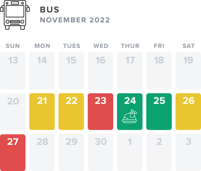Calendar view of November 2022, with colors indicating the cheapest days to travel by bus before and after Thanksgiving