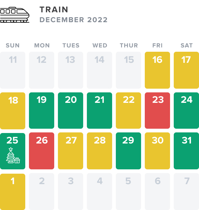 Calendar view of December 2022, with colors indicating the cheapest days to travel by train before and after Christmas