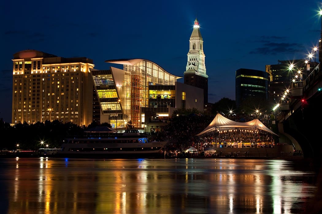 Photo of the waterfront in Hartford, Connecticut at night.