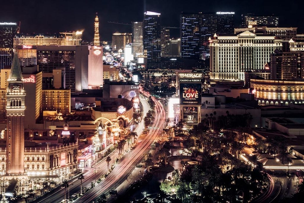 Photo of The Strip at night in Las Vegas.