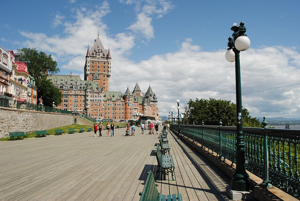 Photo along the Terrasse Dufferin in Quebec City with Château Frontenac in the distance.