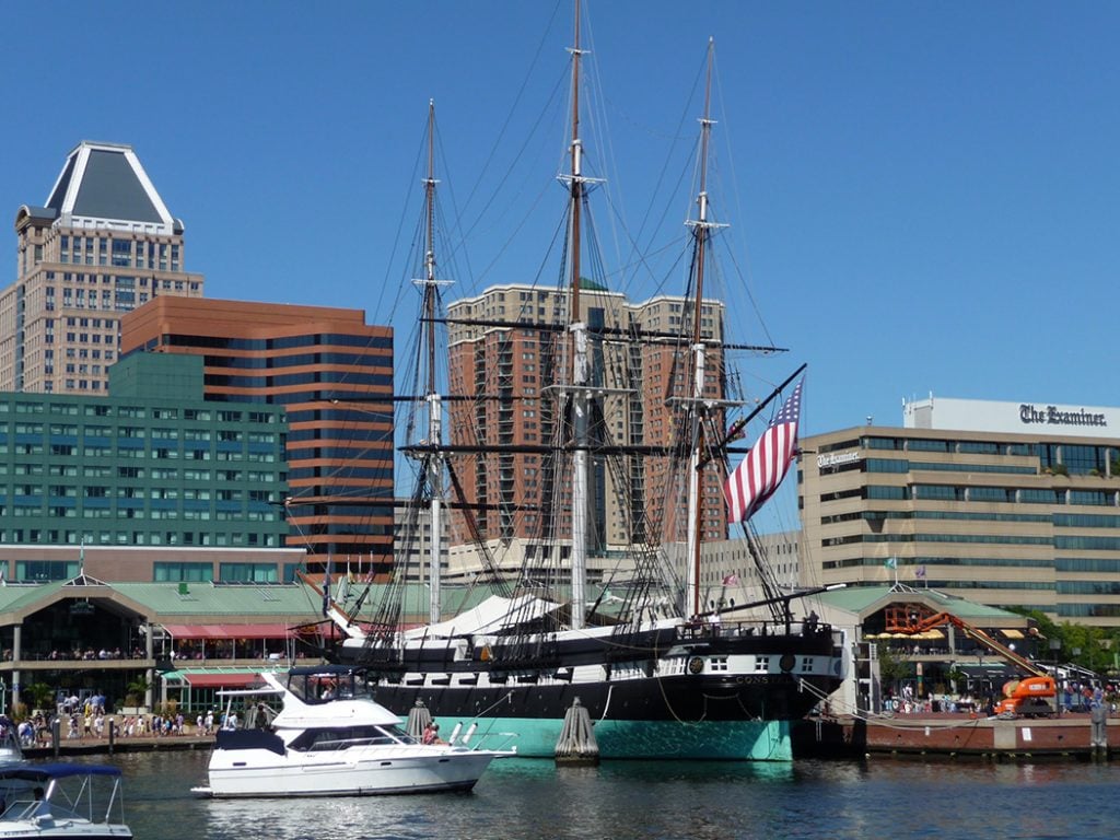 Photo of Baltimore's Inner Harbor on a sunny summer day.