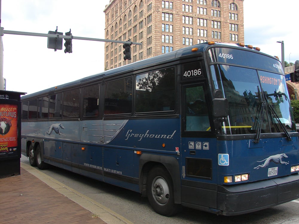 Photo of a Greyhound bus headed to Washington, D.C.