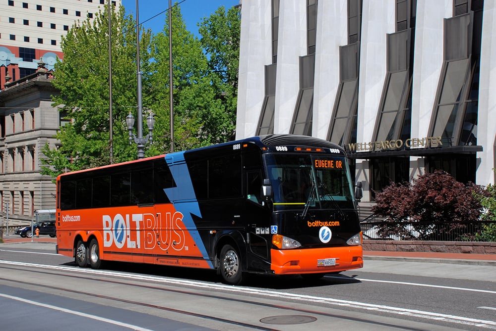 BoltBus driving in Portland, Oregon.