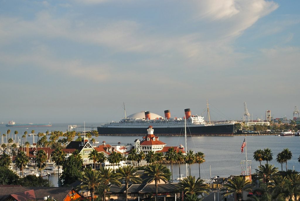 Photo of a cruise ship at rest in the harbor of Long Beach, California.