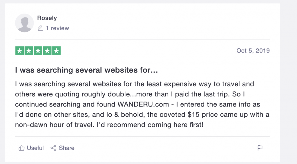 TrustPilot review from a Wanderu user who found a better deal on Wanderu versus competitive sites.