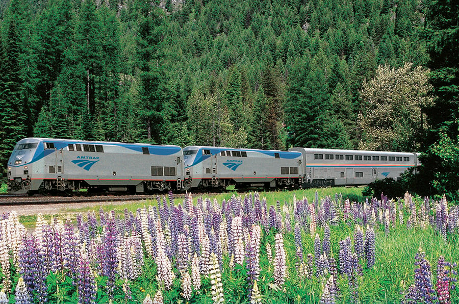 Photo of an Amtrak train in the spring time.