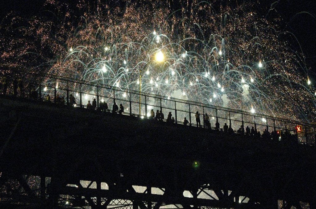 Photo of the Montreal International Fireworks Festival from the Jacques-Courtier Bridge.