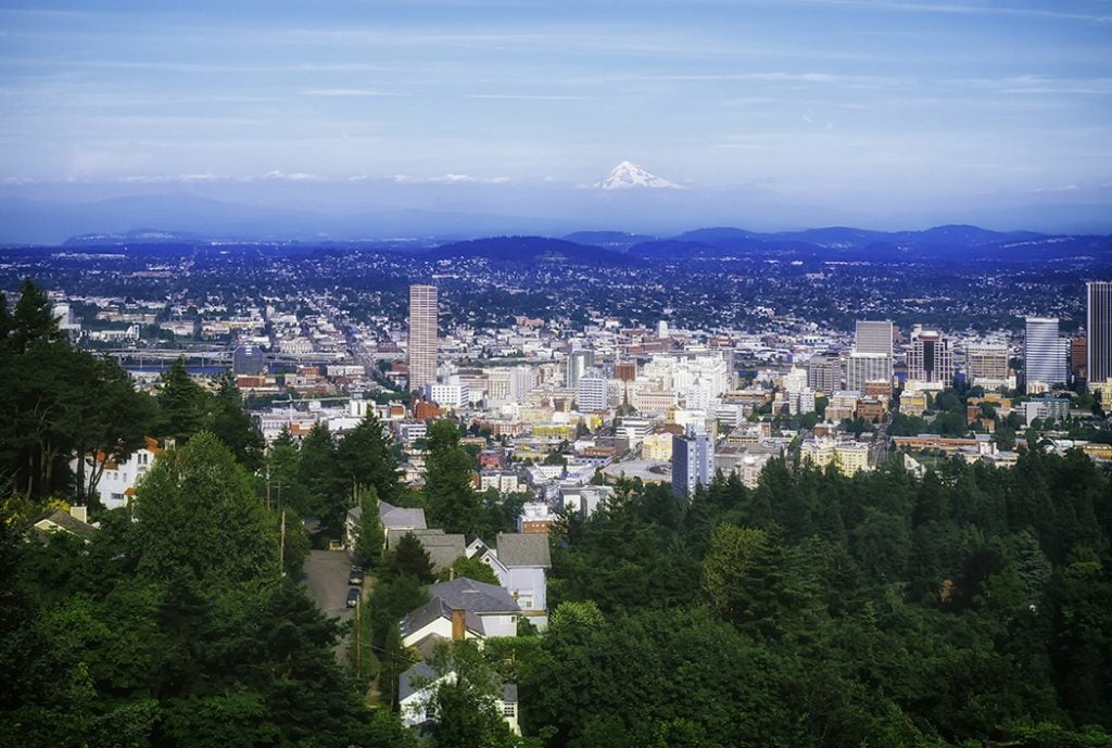 Photo of Portland, Oregon, with a backdrop of Mt. Hood.