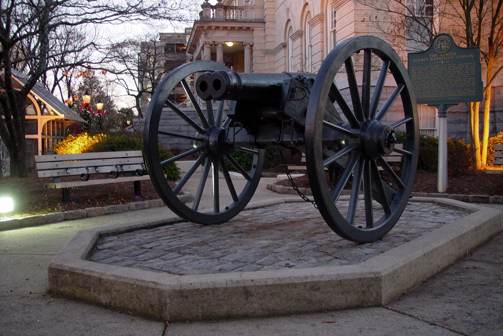 An original cannon sits in downtown Athens