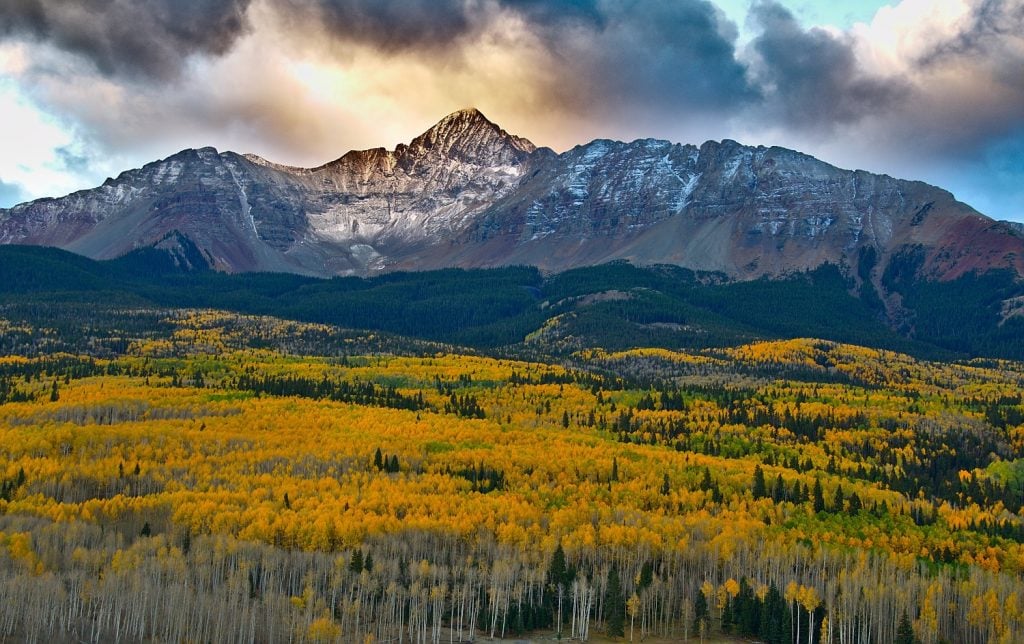 Yellow trees in the foreground and dramatic mountains in the background of a Telluride landscape