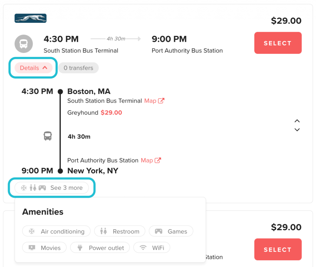 Opening trip details on Wanderu search results to view amenities icons