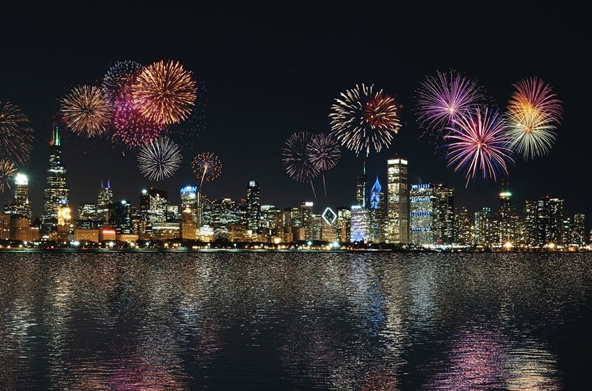 Fireworks over the Chicago skyline at night