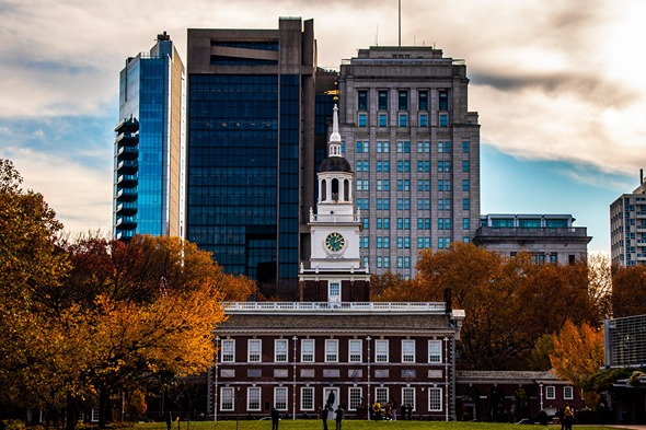 Independence Hall in Philadelphia, surrounded by fall foliage