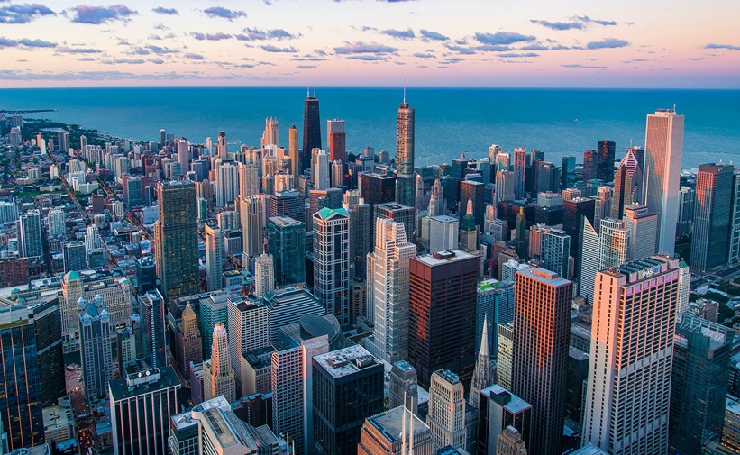 View of Chicago from the Willis Tower Skydeck at dusk