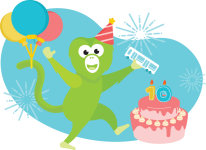 Wanderu's monkey, Chiku, celebrating Wanderu's 10-year anniversary.