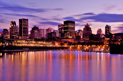 Photo of the Montreal skyline at sunset.