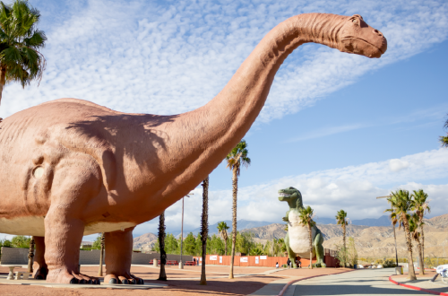 A dinosaur statue, part of the Cabazon Dinosaurs landmark in Cabazon, CA